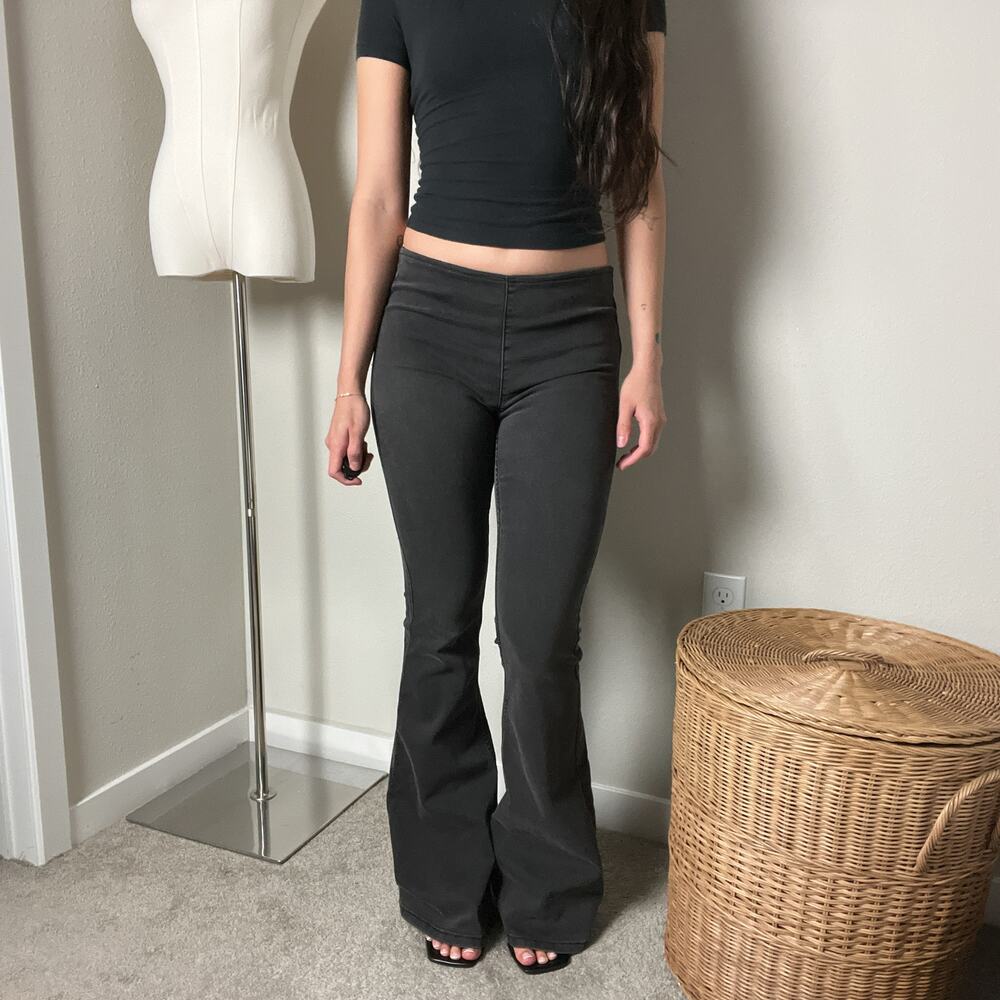 free people gray faded black boho mid rise flared pull on jeans